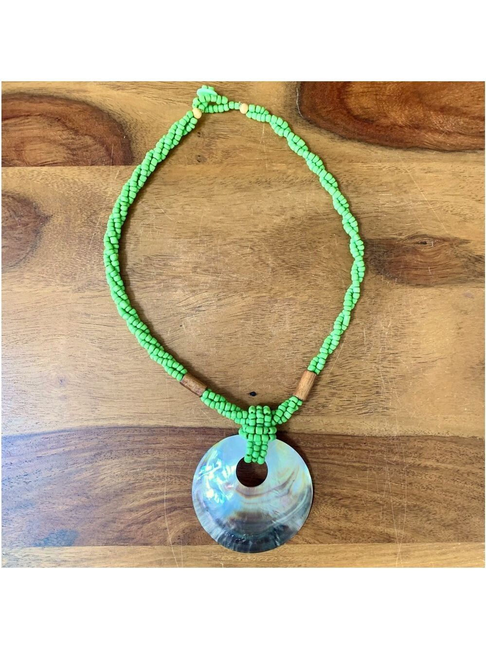 Abalone Shell Twisted Green & Wood Beaded Necklace